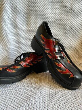 Harley Davidson Flame Leather Lace Up Shoes Platform Sole Sz 7 Biker Y2K